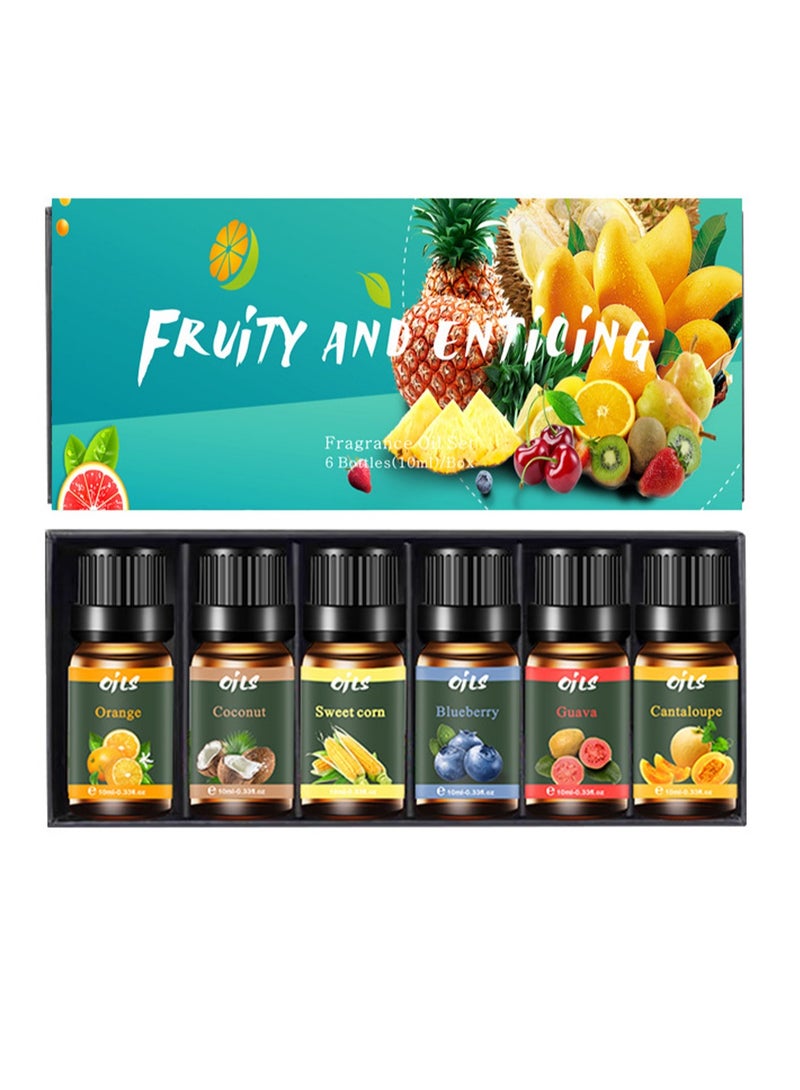 مجموعة زيوت عطرية فواكه 6 × 10 مل، مجموعة هدايا عطر فواكه، مناسبة للناشر، المرطب، شمعة DIY، منقي الهواء (بطيخ هامي + ذرة حلوة + جوافة + جوز الهند + توت أزرق + برتقال حلو) - Image 1