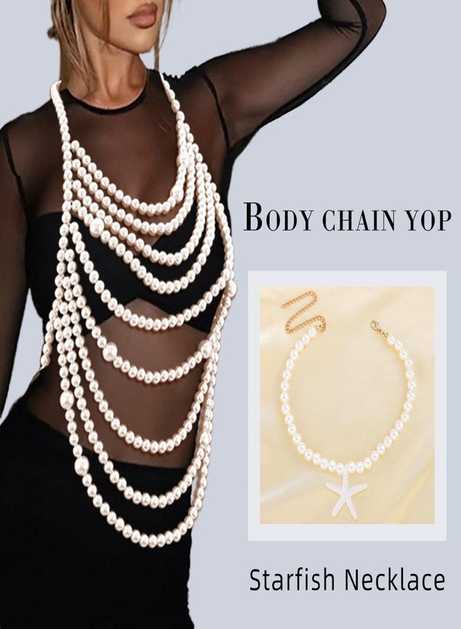 Aiosy Pearl Body Chain Bra Sexy Pearls Shawl Bead Chain Tops Halter Shoulder Chains Backless Chest Chain Sea Shell Pearl Necklaces for Women (Shell B) - Image 5