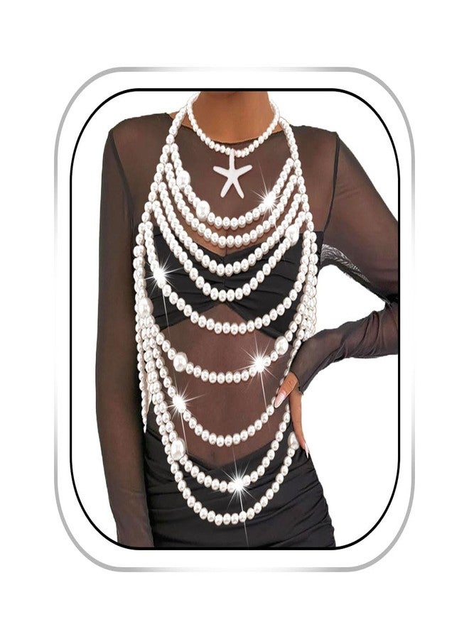 Aiosy Pearl Body Chain Bra Sexy Pearls Shawl Bead Chain Tops Halter Shoulder Chains Backless Chest Chain Sea Shell Pearl Necklaces for Women (Shell B) - Image 1