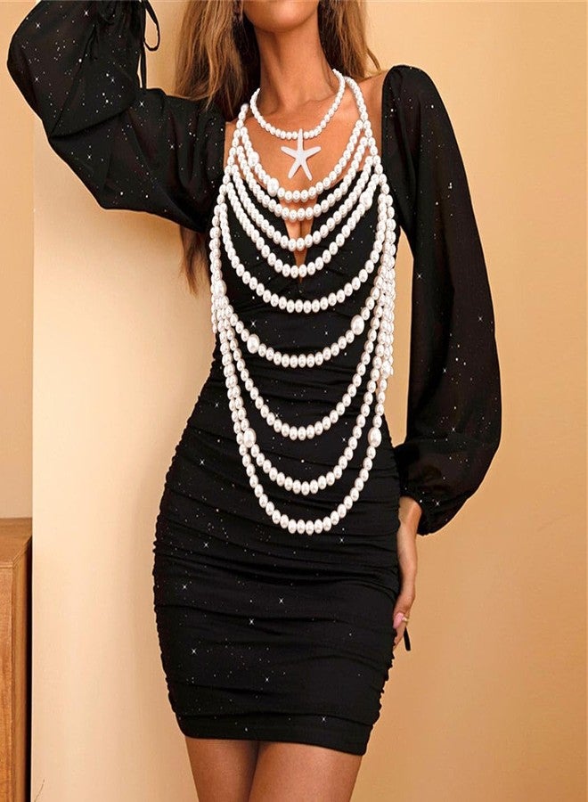Aiosy Pearl Body Chain Bra Sexy Pearls Shawl Bead Chain Tops Halter Shoulder Chains Backless Chest Chain Sea Shell Pearl Necklaces for Women (Shell B) - Image 4
