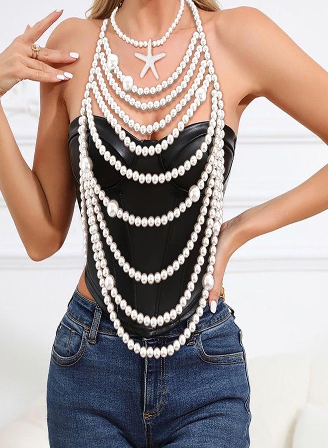 Aiosy Pearl Body Chain Bra Sexy Pearls Shawl Bead Chain Tops Halter Shoulder Chains Backless Chest Chain Sea Shell Pearl Necklaces for Women (Shell B) - Image 2