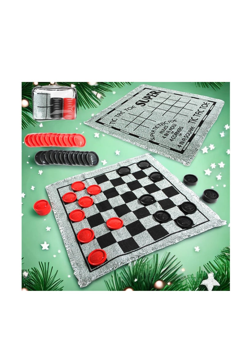 Giant Checkers Set - 3 in 1 Tic Tac Toe Game Board for Adults and Kids with 24 Checker Pieces Reversible Rug - Indoor and Outdoor Games for Family and Party - Gift for Kids (Grey)  - Image 1