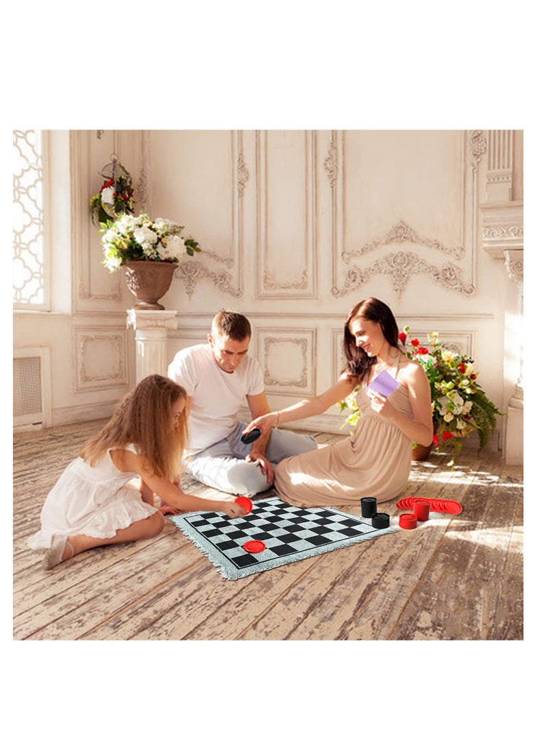 Giant Checkers Set - 3 in 1 Tic Tac Toe Game Board for Adults and Kids with 24 Checker Pieces Reversible Rug - Indoor and Outdoor Games for Family and Party - Gift for Kids (Grey)  - Image 2