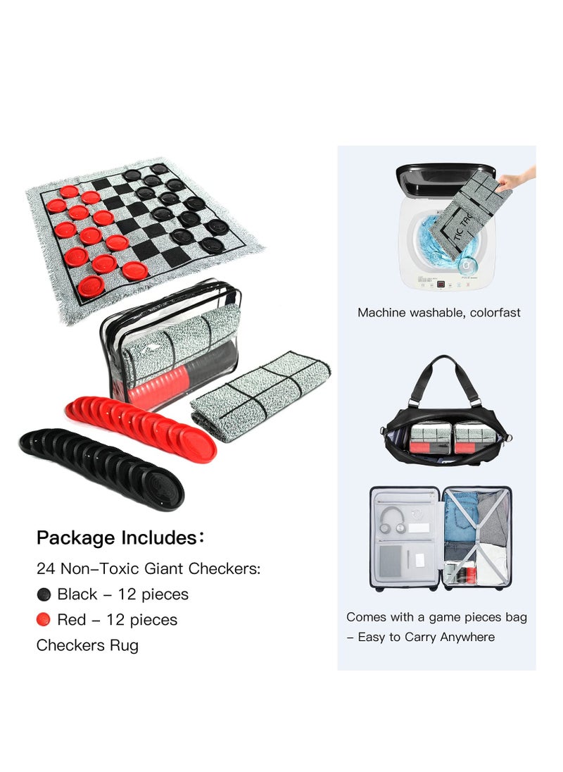 Giant Checkers Set - 3 in 1 Tic Tac Toe Game Board for Adults and Kids with 24 Checker Pieces Reversible Rug - Indoor and Outdoor Games for Family and Party - Gift for Kids (Grey)  - Image 5