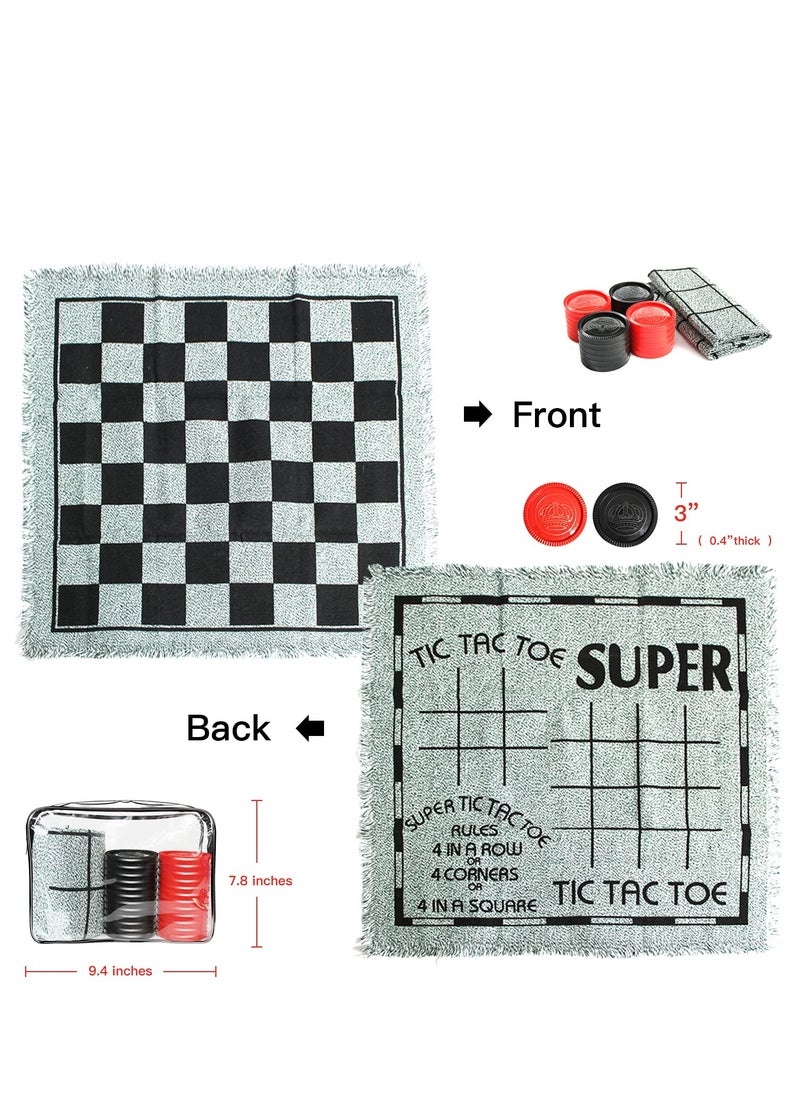 Giant Checkers Set - 3 in 1 Tic Tac Toe Game Board for Adults and Kids with 24 Checker Pieces Reversible Rug - Indoor and Outdoor Games for Family and Party - Gift for Kids (Grey)  - Image 4