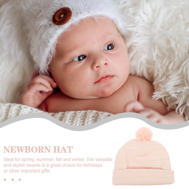 100% Soft Cotton Newborn Hat with Pom Pom Sleeping Cap Size 0-3 Months Pink - Image 4