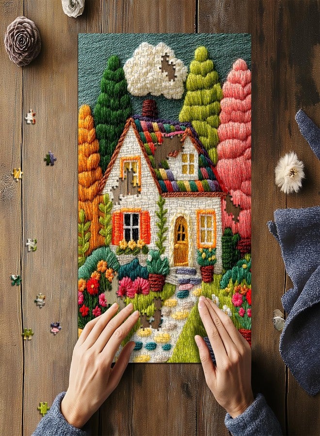 PICKFORU Colorful House Puzzles for Adults 1000 Pieces, Beautiful Landscape Embroidery Art Jigsaw Puzzles with House Tree Flower, Floral Garden Plant Scenery Puzzle Challenge for Adults - Image 3
