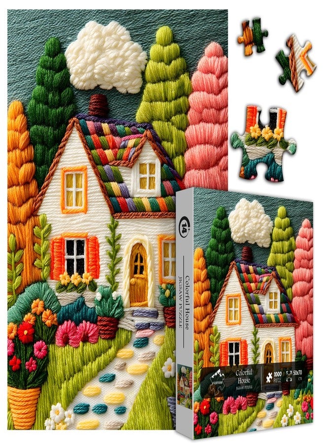 PICKFORU Colorful House Puzzles for Adults 1000 Pieces, Beautiful Landscape Embroidery Art Jigsaw Puzzles with House Tree Flower, Floral Garden Plant Scenery Puzzle Challenge for Adults - Image 2