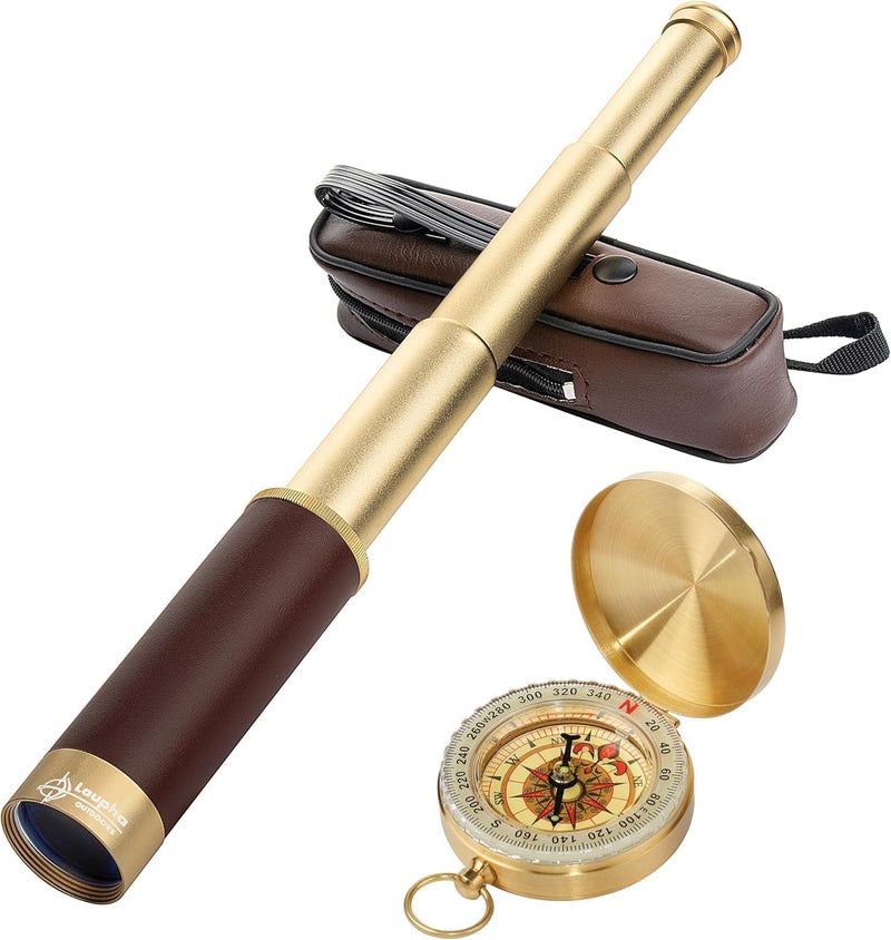 Laupha Retro Pirate Telescope Zoomable 25x30 Spyglass Portable Collapsible Handheld Telescope Vintage Monocular for Kids & Survival Gear Compass Pocket Military Compass for Camping Boating - Image 1