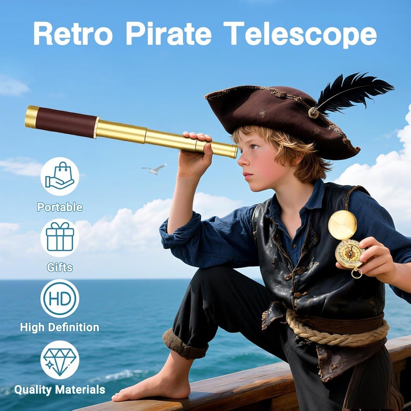 Laupha Retro Pirate Telescope Zoomable 25x30 Spyglass Portable Collapsible Handheld Telescope Vintage Monocular for Kids & Survival Gear Compass Pocket Military Compass for Camping Boating - Image 2