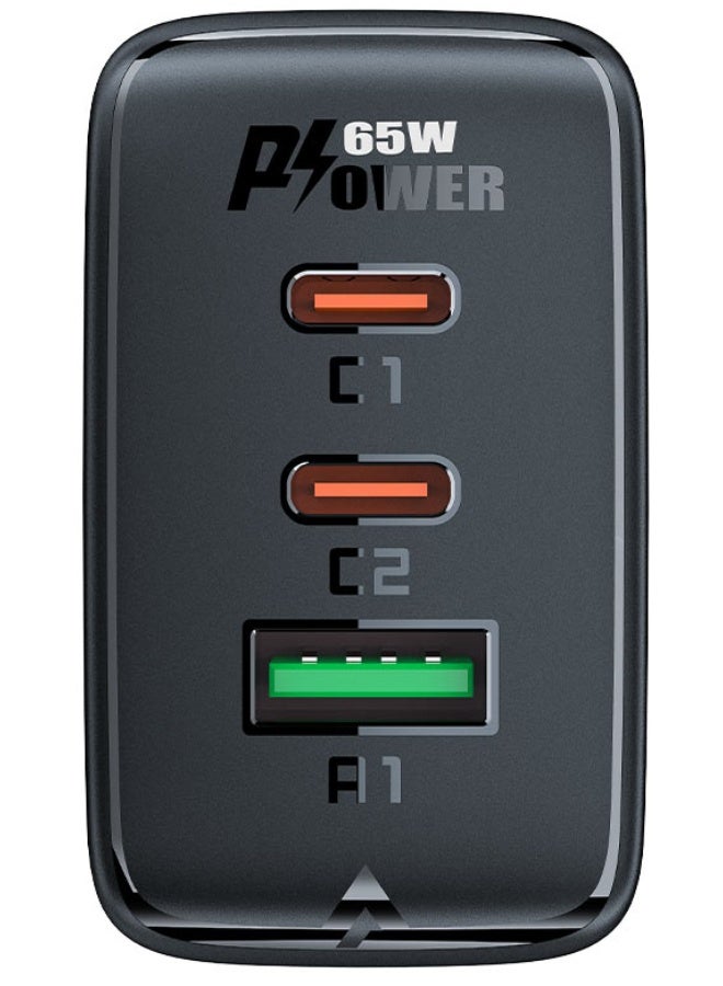 ACEFAST 65W Fast Wall Charger with GaN Technology - Equipped with 3 Ports (2 USB-C and 1 USB-A) - Supports Fast Charging for Phones and Laptops - Black - Image 3