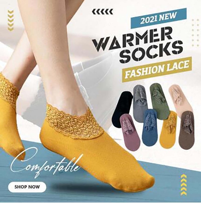 ويوبلز جوارب نسائية قصيرة، جوارب دانتيل مكشكشة مريحة، جوارب دانتيل، جوارب سيليكون مانعة للانزلاق ودافئة (لون القمح) - Image 2