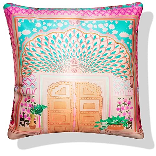 Vendola Decorative Satin Sofa Cushion Covers Set of 5, 18 inch x 18 inch, Sofa Pillow Cover, Ethnic Festive, Multicolor, Palace, Rajasthani Design Zipper Closure (Dwars, 18X18 Inches) - Image 4