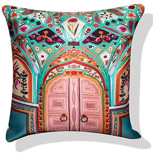 Vendola Decorative Satin Sofa Cushion Covers Set of 5, 18 inch x 18 inch, Sofa Pillow Cover, Ethnic Festive, Multicolor, Palace, Rajasthani Design Zipper Closure (Dwars, 18X18 Inches) - Image 2