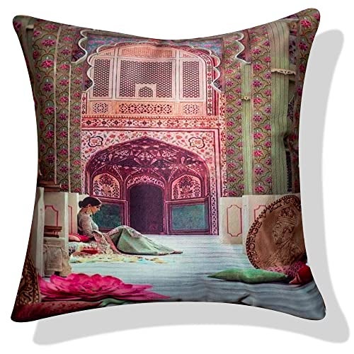 Vendola Decorative Satin Sofa Cushion Covers Set of 5, 18 inch x 18 inch, Sofa Pillow Cover, Ethnic Festive, Multicolor, Palace, Rajasthani Design Zipper Closure (Dwars, 18X18 Inches) - Image 5