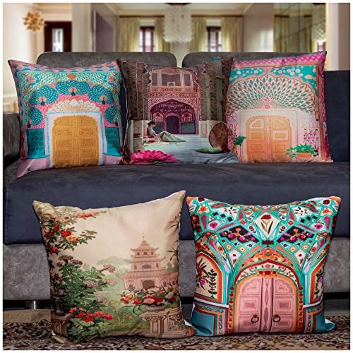 Vendola Decorative Satin Sofa Cushion Covers Set of 5, 18 inch x 18 inch, Sofa Pillow Cover, Ethnic Festive, Multicolor, Palace, Rajasthani Design Zipper Closure (Dwars, 18X18 Inches) - Image 1