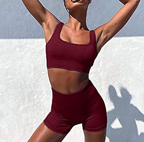 YESDOO Women's Workout Outfits Ribbed Tank 2 Piece Seamless High Waist Gym Outfit Yoga Shorts Leggings Sets - Image 3