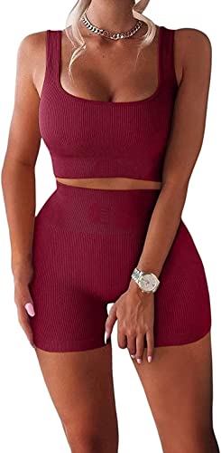 YESDOO Women's Workout Outfits Ribbed Tank 2 Piece Seamless High Waist Gym Outfit Yoga Shorts Leggings Sets - Image 5
