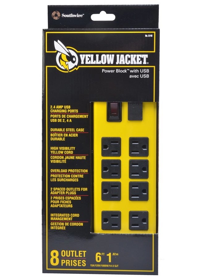 Yellow Jacket 5148 Modern 8-Outlet Metal Power Block with 2 USB Ports, Yellow - Image 2