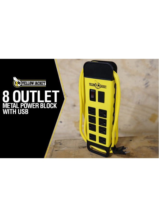 Yellow Jacket 5148 Modern 8-Outlet Metal Power Block with 2 USB Ports, Yellow - Image 3