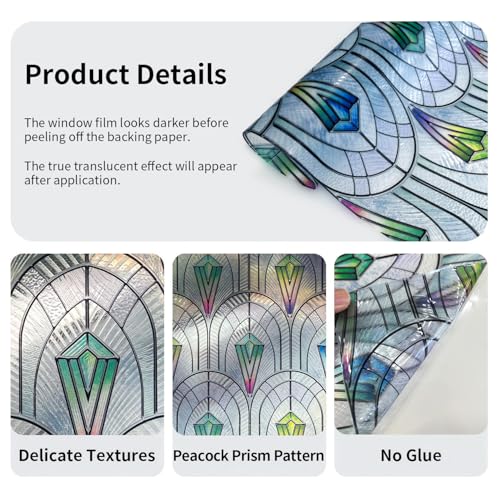 Chicskin 3D Vintage Stained Glass Window Film with Tools, Decorative Window Privacy Film for Room/Door/Home Decor, Peacock Prism, 16.93’’X78.74’’(43X200CM) - Image 4