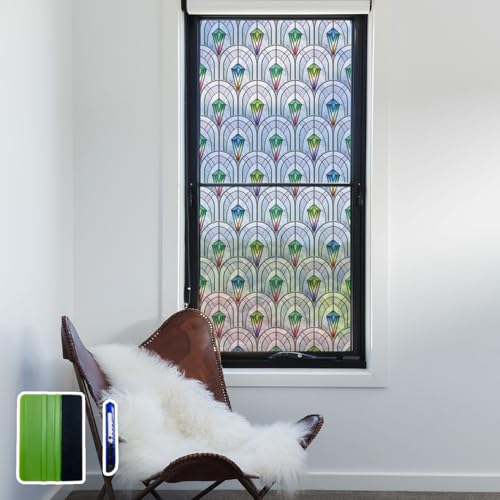 Chicskin 3D Vintage Stained Glass Window Film with Tools, Decorative Window Privacy Film for Room/Door/Home Decor, Peacock Prism, 16.93’’X78.74’’(43X200CM) - Image 1