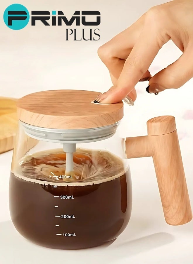 بريمو بلس كوب زجاجي أنيق بسعة 400 مل مع خلاط كهربائي أوتوماتيكي للتحريك الذاتي من PRIMO PLUS، تصميم عصري بمقبض خشبي مقاوم للحرارة، متعدد الاستخدامات لتحضير القهوة والمشروبات الساخنة والباردة بسهولة وسرعة - Image 1