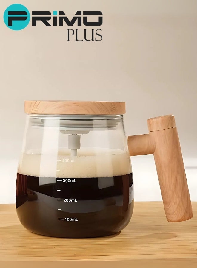 بريمو بلس كوب زجاجي أنيق بسعة 400 مل مع خلاط كهربائي أوتوماتيكي للتحريك الذاتي من PRIMO PLUS، تصميم عصري بمقبض خشبي مقاوم للحرارة، متعدد الاستخدامات لتحضير القهوة والمشروبات الساخنة والباردة بسهولة وسرعة - Image 2