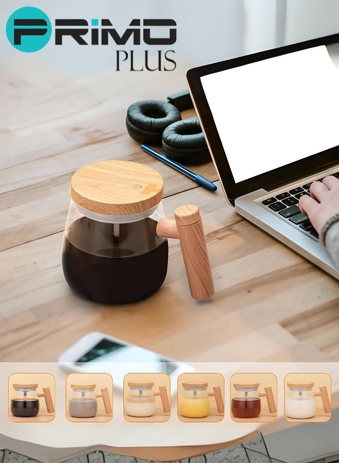 بريمو بلس كوب زجاجي أنيق بسعة 400 مل مع خلاط كهربائي أوتوماتيكي للتحريك الذاتي من PRIMO PLUS، تصميم عصري بمقبض خشبي مقاوم للحرارة، متعدد الاستخدامات لتحضير القهوة والمشروبات الساخنة والباردة بسهولة وسرعة - Image 4