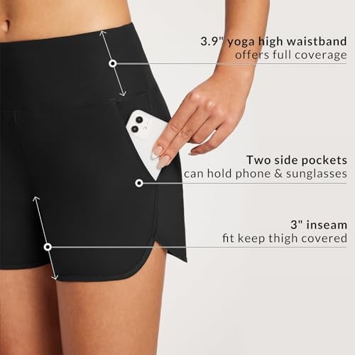 baleaf Women's 3" Swim Bottoms High Waisted Swimming Board Shorts Tummy Control Quick Dry Swimsuit with Pockets UPF 50+ Black M - Image 4