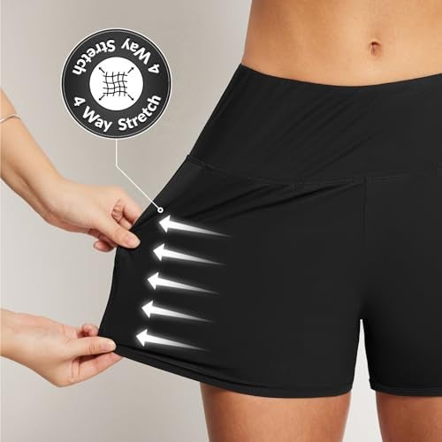 baleaf Women's 3" Swim Bottoms High Waisted Swimming Board Shorts Tummy Control Quick Dry Swimsuit with Pockets UPF 50+ Black M - Image 2