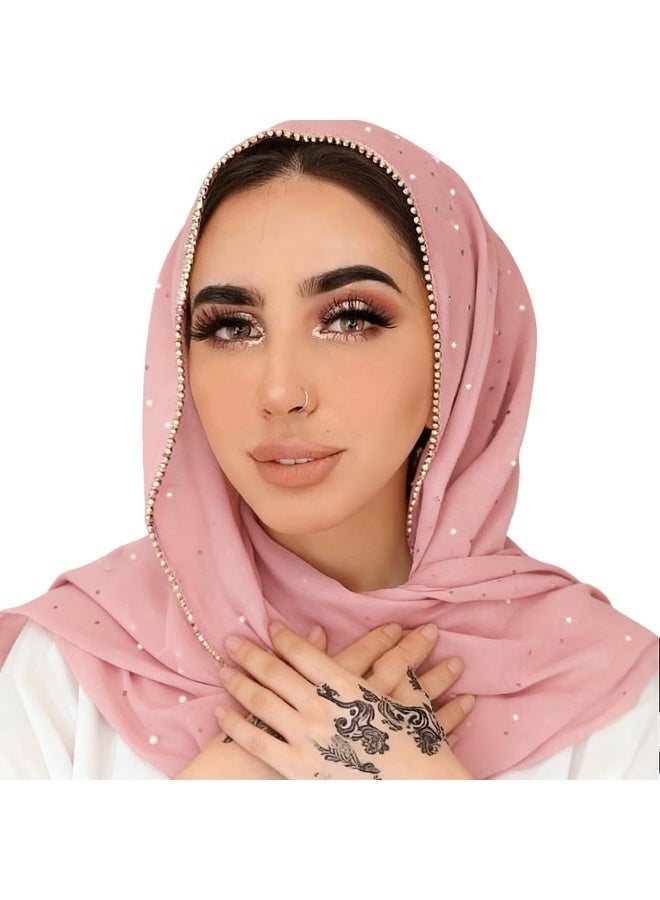 2Pcs Pink Rhinestone Pearl Chiffon Hijab Scarf 180x70cm, Sparkling Gold Beaded Trim Muslim Women Head Wrap for Worship Wedding Daily Wear - Image 2