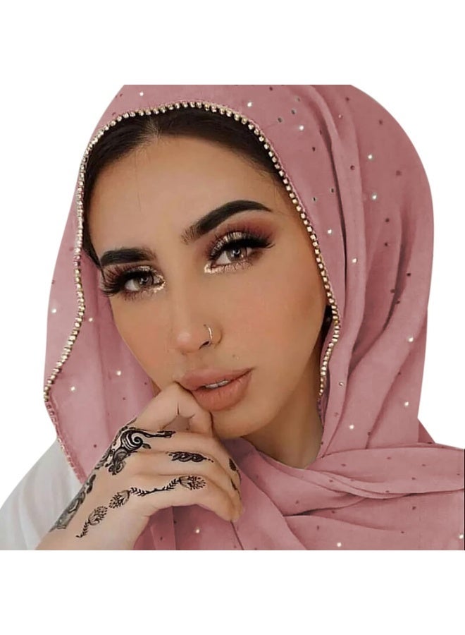 2Pcs Pink Rhinestone Pearl Chiffon Hijab Scarf 180x70cm, Sparkling Gold Beaded Trim Muslim Women Head Wrap for Worship Wedding Daily Wear - Image 1