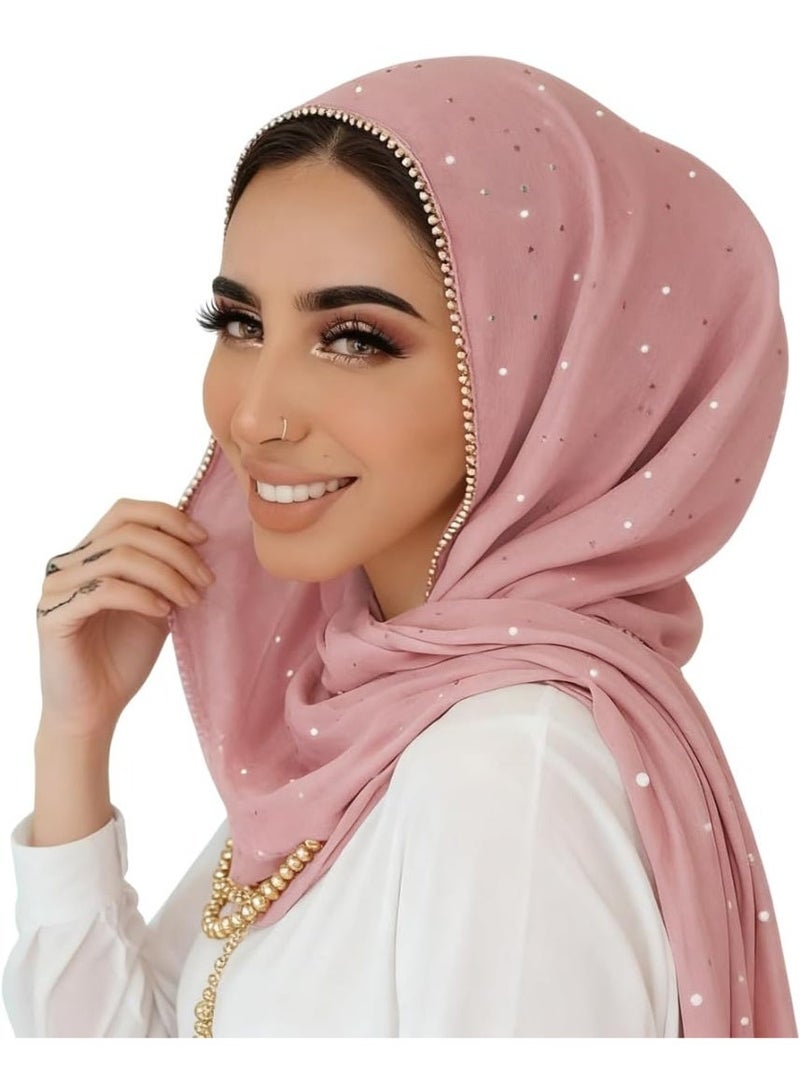 2Pcs Pink Rhinestone Pearl Chiffon Hijab Scarf 180x70cm, Sparkling Gold Beaded Trim Muslim Women Head Wrap for Worship Wedding Daily Wear - Image 4