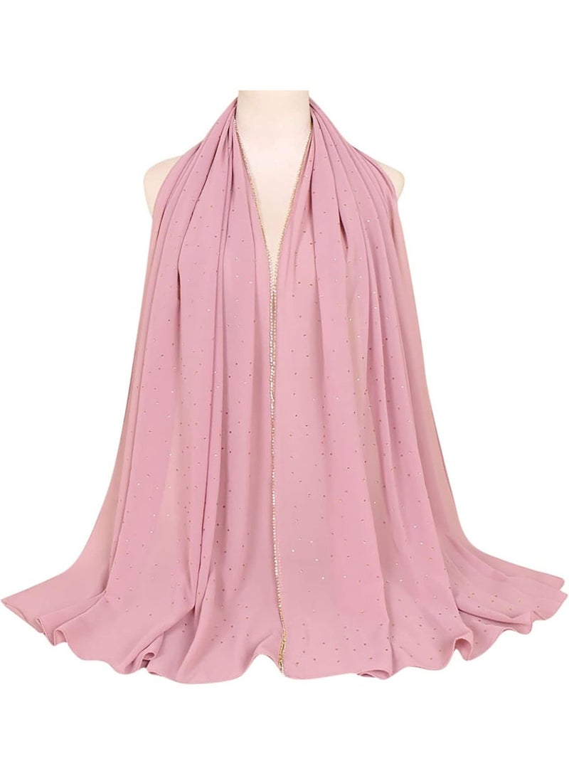 2Pcs Pink Rhinestone Pearl Chiffon Hijab Scarf 180x70cm, Sparkling Gold Beaded Trim Muslim Women Head Wrap for Worship Wedding Daily Wear - Image 3
