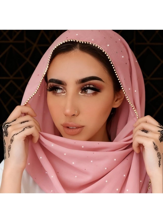 2Pcs Pink Rhinestone Pearl Chiffon Hijab Scarf 180x70cm, Sparkling Gold Beaded Trim Muslim Women Head Wrap for Worship Wedding Daily Wear - Image 5