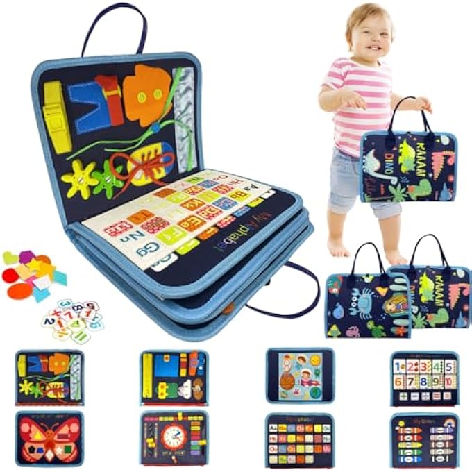 لوحة مشغولة للأطفال، 8 في 1 لعبة مونتيسوري كتاب مشغول للأطفال في مرحلة ما قبل المدرسة تطوير لوحة حسية تعليمية للأطفال نشاط تعليمي للأشكال الأساسية والألوان وطائرة السفر الأساسية هدية للأعمار من 1-4 - Image 1