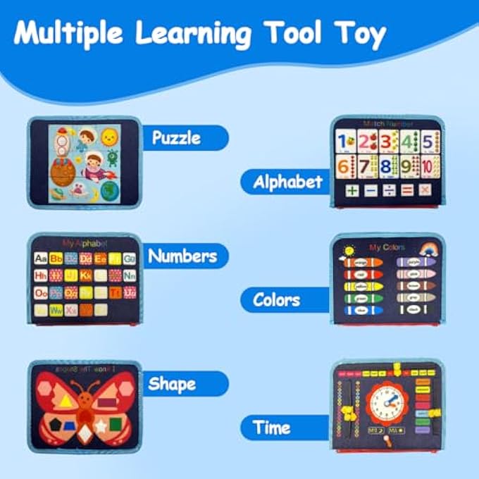لوحة مشغولة للأطفال، 8 في 1 لعبة مونتيسوري كتاب مشغول للأطفال في مرحلة ما قبل المدرسة تطوير لوحة حسية تعليمية للأطفال نشاط تعليمي للأشكال الأساسية والألوان وطائرة السفر الأساسية هدية للأعمار من 1-4 - Image 3
