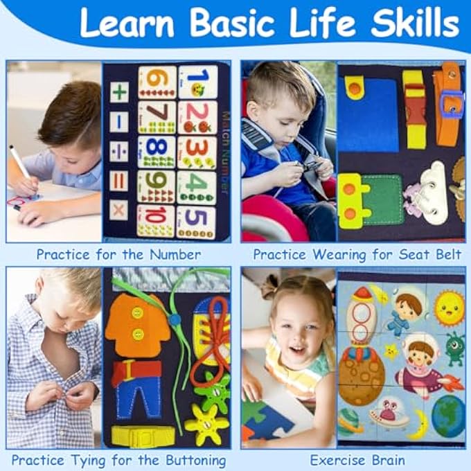 لوحة مشغولة للأطفال، 8 في 1 لعبة مونتيسوري كتاب مشغول للأطفال في مرحلة ما قبل المدرسة تطوير لوحة حسية تعليمية للأطفال نشاط تعليمي للأشكال الأساسية والألوان وطائرة السفر الأساسية هدية للأعمار من 1-4 - Image 5