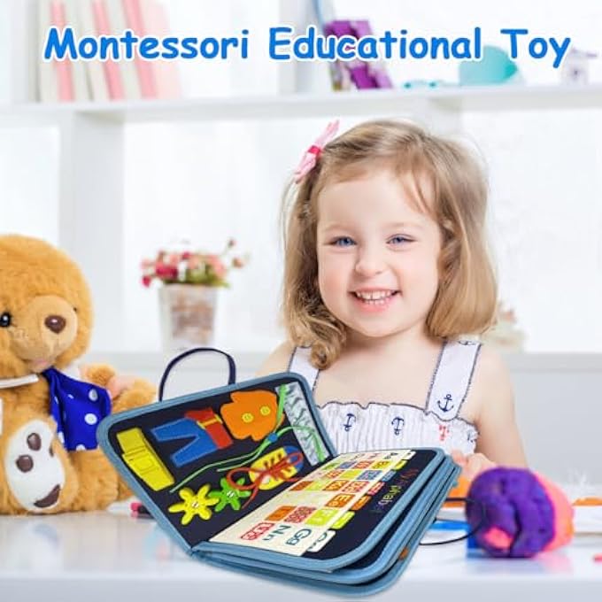لوحة مشغولة للأطفال، 8 في 1 لعبة مونتيسوري كتاب مشغول للأطفال في مرحلة ما قبل المدرسة تطوير لوحة حسية تعليمية للأطفال نشاط تعليمي للأشكال الأساسية والألوان وطائرة السفر الأساسية هدية للأعمار من 1-4 - Image 2
