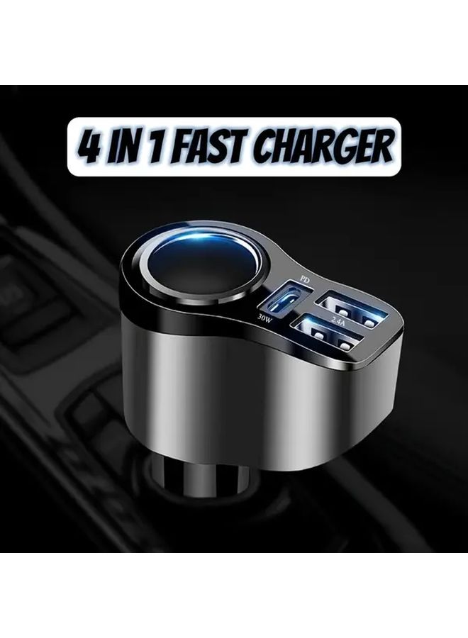 4 في 1 شاحن سيارة USB C متعدد المنافذ محول مقسم مقبس سيارة مع 3 منافذ USB 12V 24V ثنائي USB من النوع C شاحن سيارة سريع PD مقسم طاقة السيارة شاحن موفر للمساحة محول أنيق شاحن متعدد المنافذ أسود - Image 1