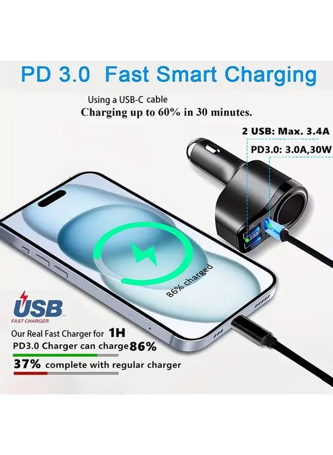4 في 1 شاحن سيارة USB C متعدد المنافذ محول مقسم مقبس سيارة مع 3 منافذ USB 12V 24V ثنائي USB من النوع C شاحن سيارة سريع PD مقسم طاقة السيارة شاحن موفر للمساحة محول أنيق شاحن متعدد المنافذ أسود - Image 5