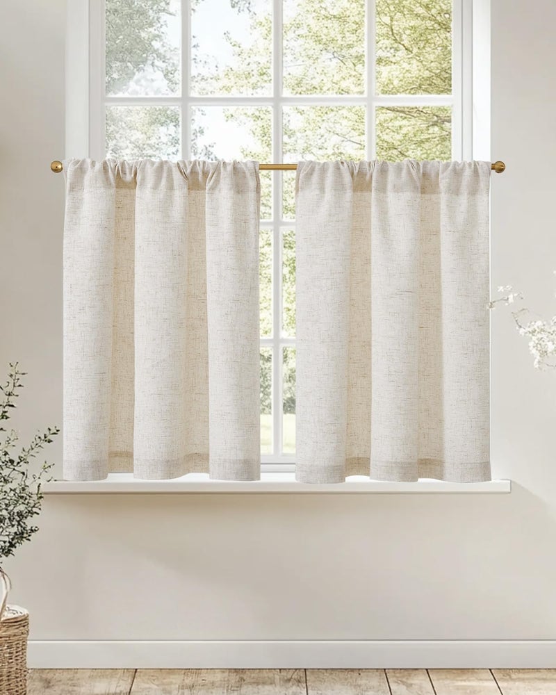 jinchan Natural Linen Kitchen Curtains 24 Inch Rustic Tier Curtains Farmhouse Rod Pocket Cafe Small Window Drapes with Lined Flax Country Light Filtering for Bathroom Laundry Room RV 2 Panels Crude - Image 1