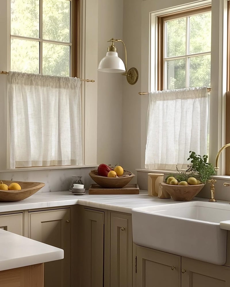 jinchan Natural Linen Kitchen Curtains 24 Inch Rustic Tier Curtains Farmhouse Rod Pocket Cafe Small Window Drapes with Lined Flax Country Light Filtering for Bathroom Laundry Room RV 2 Panels Crude - Image 3