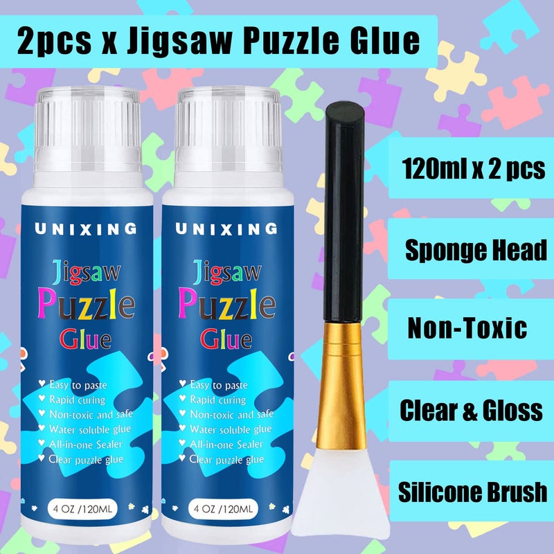 Unixing Water-Soluble Clear Jigsaw Puzzle Glue with Sponge Head, Puzzle Saver Craft Glue Suitable for 3000/3500/5000 Pieces of Puzzle for Paper and Wood(2 Bottle X 120ML) - Image 2