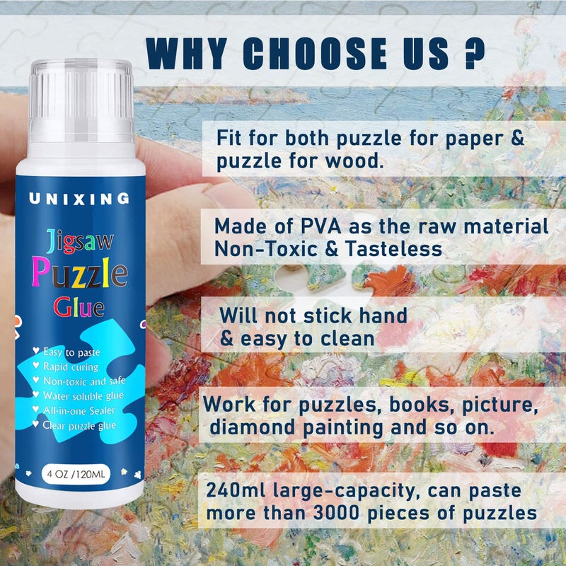 Unixing Water-Soluble Clear Jigsaw Puzzle Glue with Sponge Head, Puzzle Saver Craft Glue Suitable for 3000/3500/5000 Pieces of Puzzle for Paper and Wood(2 Bottle X 120ML) - Image 3