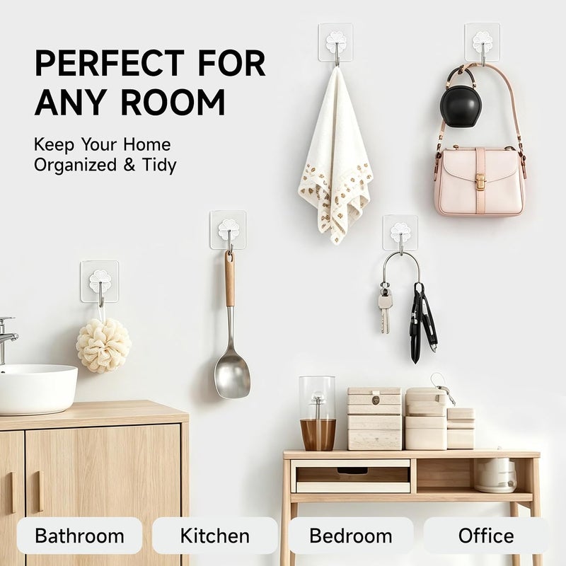 KISENG 16 Pack Crystal Clear Adhesive Hooks for Hanging, Heavy Duty 22lb Sticky Hooks, Invisible Clear Wall Hooks No Drill No Damage, Waterproof Shower Hooks for Bathroom Kitchen Towel Keys - Image 5