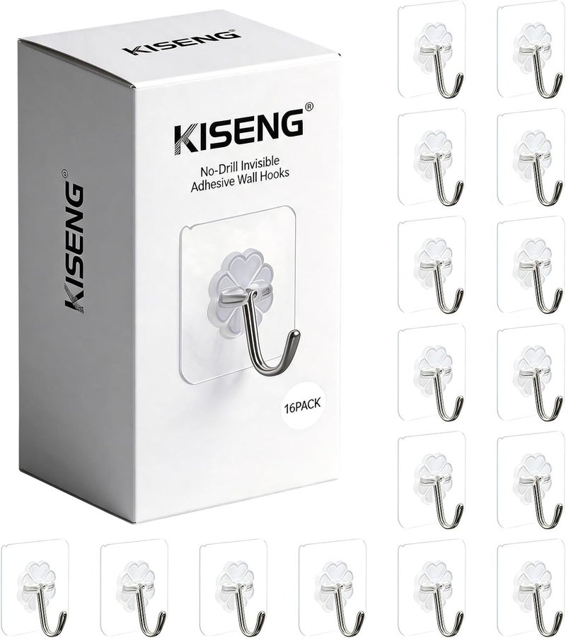KISENG 16 Pack Crystal Clear Adhesive Hooks for Hanging, Heavy Duty 22lb Sticky Hooks, Invisible Clear Wall Hooks No Drill No Damage, Waterproof Shower Hooks for Bathroom Kitchen Towel Keys - Image 1