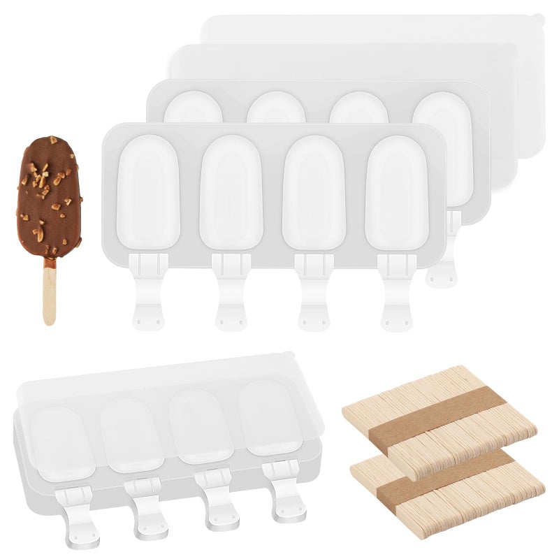 BTYMS 3 Set Small Popsicles Molds with Lids and 100 Pieces Wooden Popsicles Sticks, 4 Cavities Silicone Ice Cream Molds for Making Cakesicles, Cake Pops, Ice Cream - BPA Free - Image 1