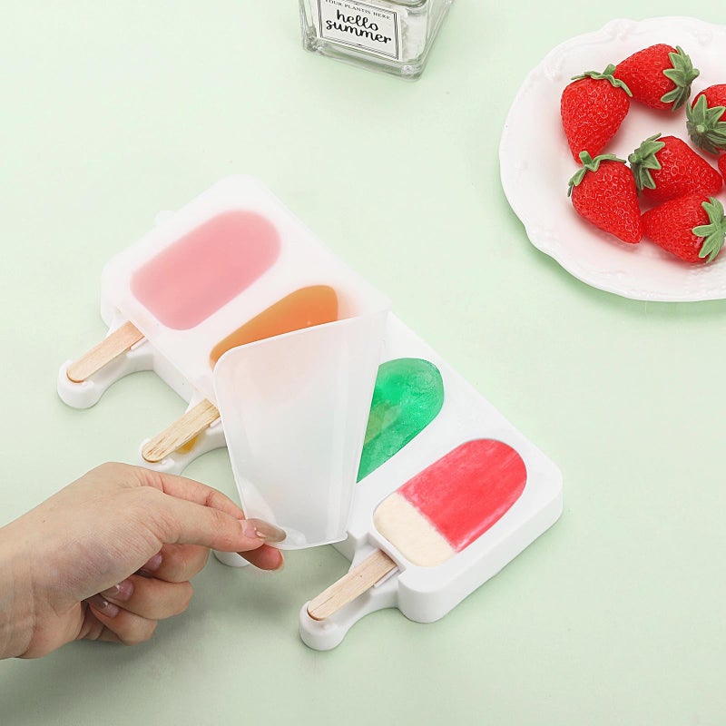 BTYMS 3 Set Small Popsicles Molds with Lids and 100 Pieces Wooden Popsicles Sticks, 4 Cavities Silicone Ice Cream Molds for Making Cakesicles, Cake Pops, Ice Cream - BPA Free - Image 5
